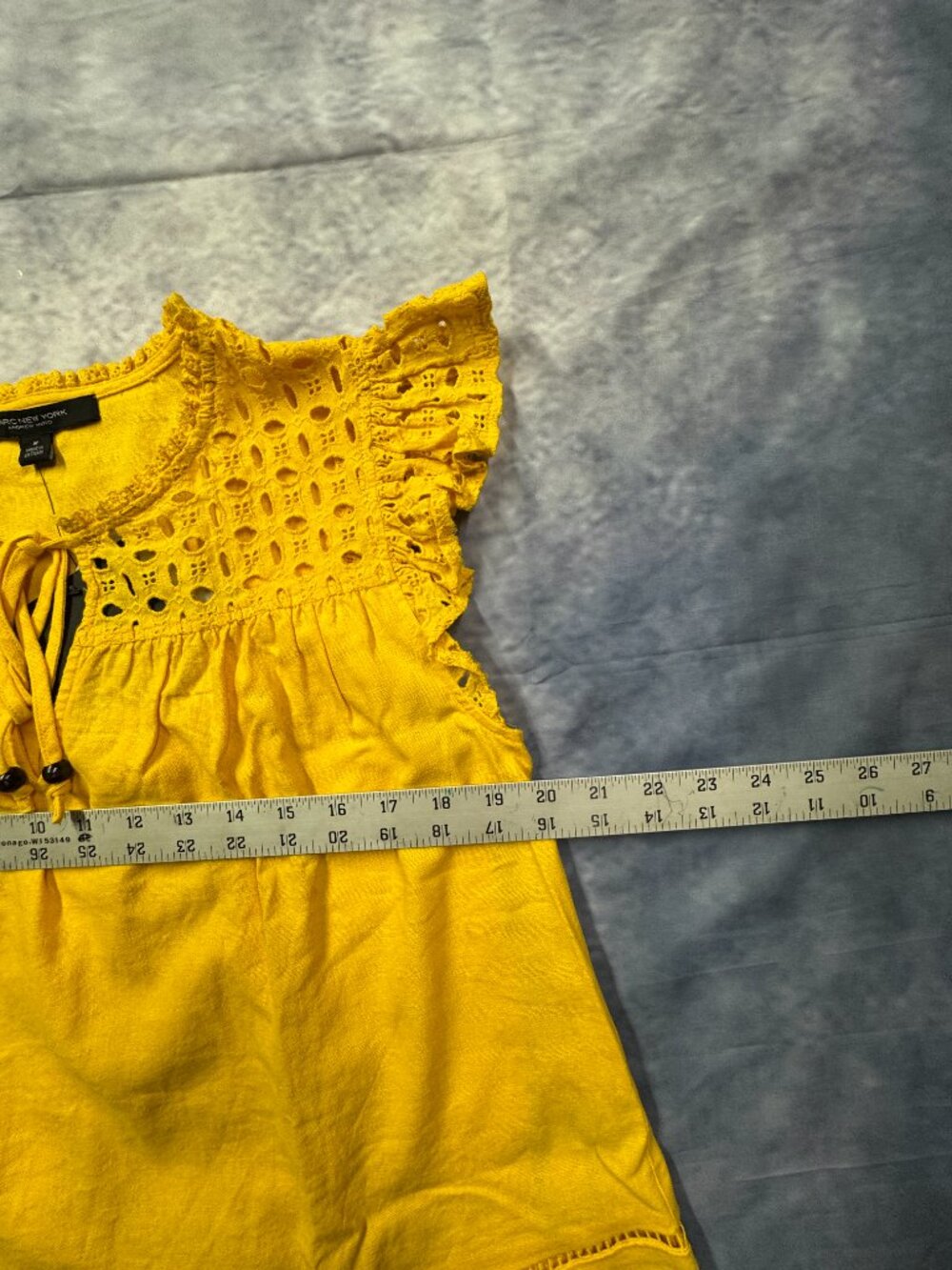Marc New York yellow eyelet blouse features ruffled cap sleeves and a tassel tie - Picture 5 of 8